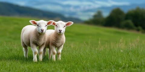 Fototapeta premium Two sheep standing in a grassy field. The sheep are looking at the camera. The scene is peaceful and serene