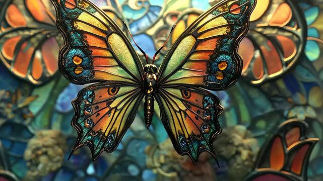 Vibrant stained glass butterfly amidst colorful floral patterns, showcasing intricate artistry