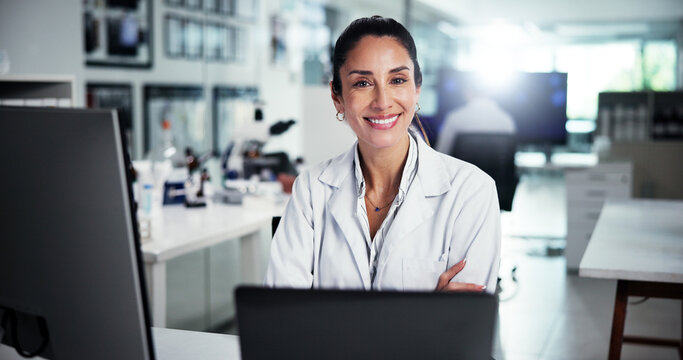 Computer, scientist and portrait with woman in laboratory for healthcare, medical research or arms crossed. Tech, smile and study with mature biologist in clinical trial for pharmaceutical confidence