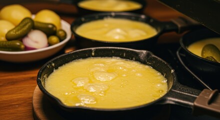 Several small pans of melted cheese with potatoes and pickles on the side.