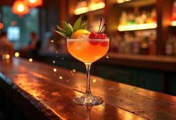 vibrant cocktail glass illuminated rustic wooden bar top colorful drink garnishes glimmering light effects, beverage, liquid, ice, citrus, sunset
