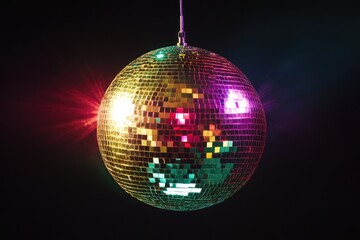 A mirrored disco ball hangs in the dark, reflecting colorful lights, creating a vibrant and festive atmosphere.