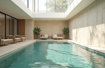 Indoor pool with relaxation area. Wicker lounge chairs, sofa, rich green plants. Bright sunny daylight, calm water. Modern luxury resort, spa, hotel, tropical vacation, travel, holiday.