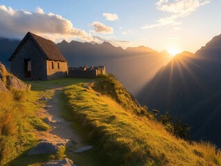 Breathtaking sunrise view of Machu Picchu illuminating ancient Incan ruins and misty mountains.