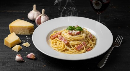 Plate of spaghetti carbonara with cheese garlic and wine on dark surface.