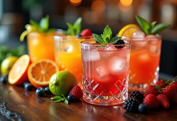 Fototapeta premium vibrant cocktail ingredients colorful citrus herbs berries garnish glasses ice dark wood bar display, lemon, lime, mint, orange, raspberry, blueberry