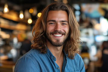 Man with long hair and beard smiling at camera. Background shows park with green trees and blue sky. Casual and relaxed atmosphere.