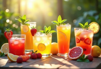 refreshing beverage collection colorful glassware vibrant drinks refreshments cocktails smoothies juice lemonade sparkling water summer vibes, iced, fruit, orange