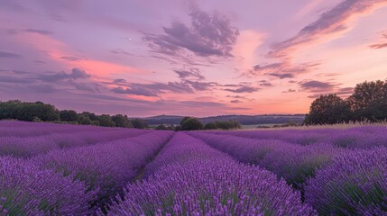 Obraz premium Vibrant lavender fields under a pink sky create a serene landscape. Explore the beauty of nature in this stunning twilight scene.