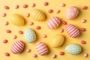 Obraz premium Colorful Easter eggs with festive decorations and candies on a yellow background