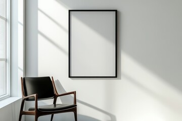 Modern minimalist room black chair large empty frame bright sunlight clean white walls elegant