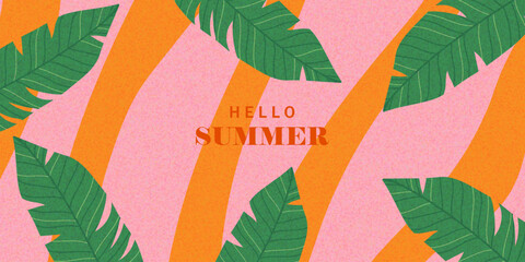 Summer horizontal background with bright abstract tropical leaves. Modern art minimalist style design template for sales, horizontal poster,  cover, social media
