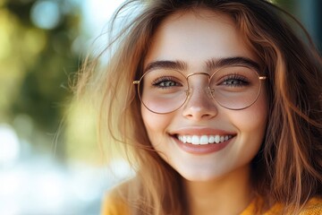 Obraz premium Bright smile of a young woman with glasses enjoying a sunny day outdoors in a casual setting while her hair gently moves with the breeze