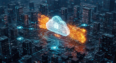 Cloud computing concept with glowing network connections over a cityscape background.