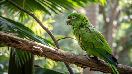 Portrait close up of colorful Scarlet Macaw parrot in Mexico against green natural background. Love parrots. Ara chloroptera parrot, a member of a large group of Neotropical parrots called macaws