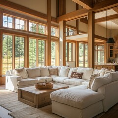 Fototapeta premium A spacious, light-filled living room with a large, comfortable sectional sofa and abundant natural light.
