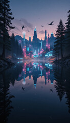 Fototapeta premium Futuristic Cityscape Reflecting in Calm Water at Twilight