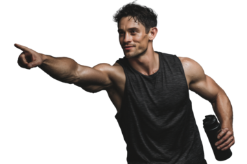 Sportlicher Mann mit Wasserflasche zeigt nach vorne PNG mit transparentem Hintergrund

