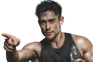 Sportlicher Mann mit Wasserflasche zeigt nach vorne PNG mit transparentem Hintergrund

