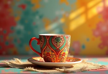 Fototapeta premium vibrant colorful coffee cup decorated unique textured backdrop creative, mug, beverage, liquid, ceramic, pottery, art, background, props, designs