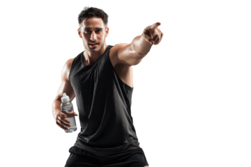 Sportlicher Mann mit Wasserflasche zeigt nach vorne PNG mit transparentem Hintergrund

