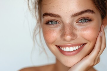 Naklejka premium Young woman with freckles and striking green eyes smiles warmly, showcasing natural beauty in a soft, neutral background, capturing joy and confidence in a candid moment
