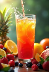 vibrant colorful fruit juice waterfall cascading into glass refreshing drink vivid splashy beverage culinary art, citrus, mango, berry, kiwi, melon, strawberry