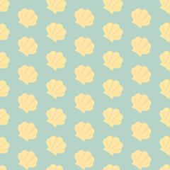 Marine seamless pattern with shells. Cute vector yellow scallops on a gentle green background in flat style in Asian theme.