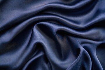 Fototapeta premium Draped navy blue satin fabric, luxurious texture, elegant and smooth surface.