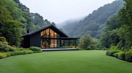 Modern cabin nestled in a lush valley