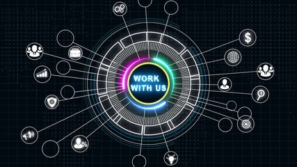 Glowing Internet, business, Technology and network concept. WORK WITH US grid and map background.