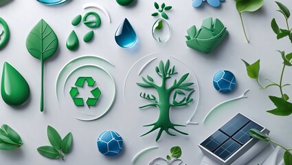 High-resolution, highly detailed digital photograph of icons representing environmental consciousness, health, and sustainability.