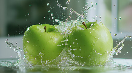 Fresh Green Apples Splash: Two vibrant green apples plunge into a refreshing pool of water, creating an explosion of glistening droplets, symbolizing a burst of freshness and vitality.