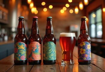 vibrant craft beer bottles unique labels colorful design artisanal beverage collection tasteful presentation, brewery, brew, alcohol, liquid, glass, package