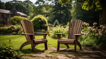 Obraz premium Two wooden chairs in a garden setting