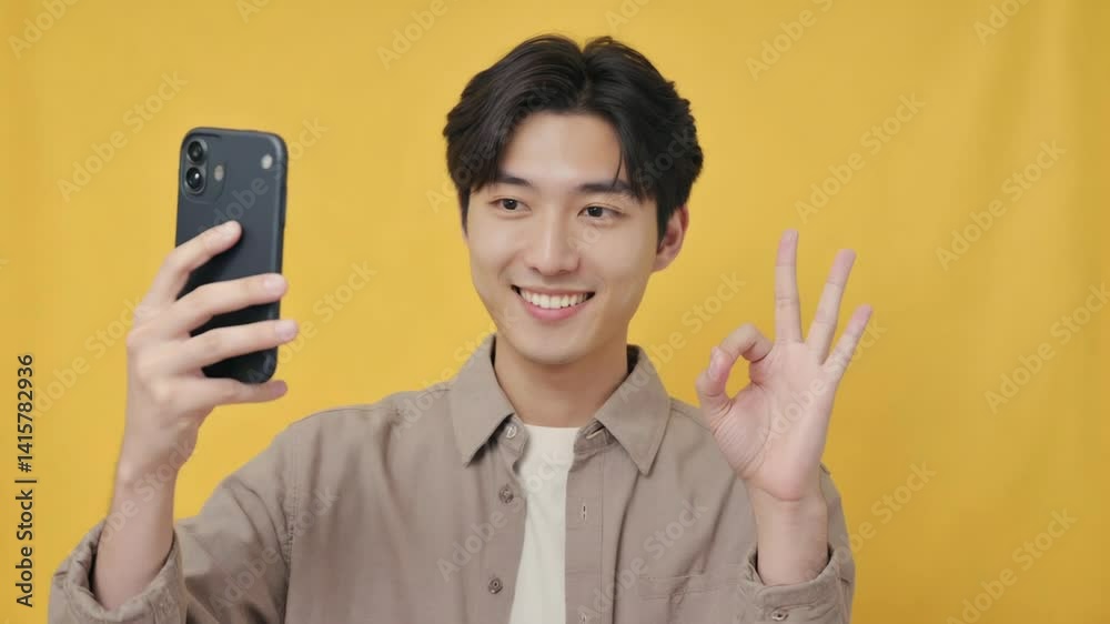 Poster a person holding up their mobile device in front of their face, possibly taking a selfie or checking