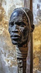 A weathered sculpture of a human head with rope detail