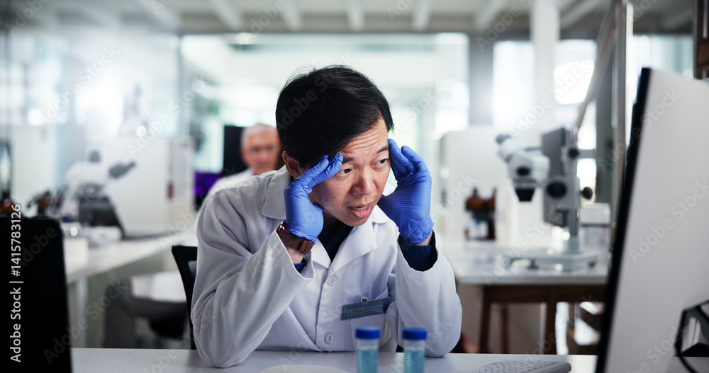 Poster man, scientist or computer in laboratory for mistake or scientific error or research fail. person, s