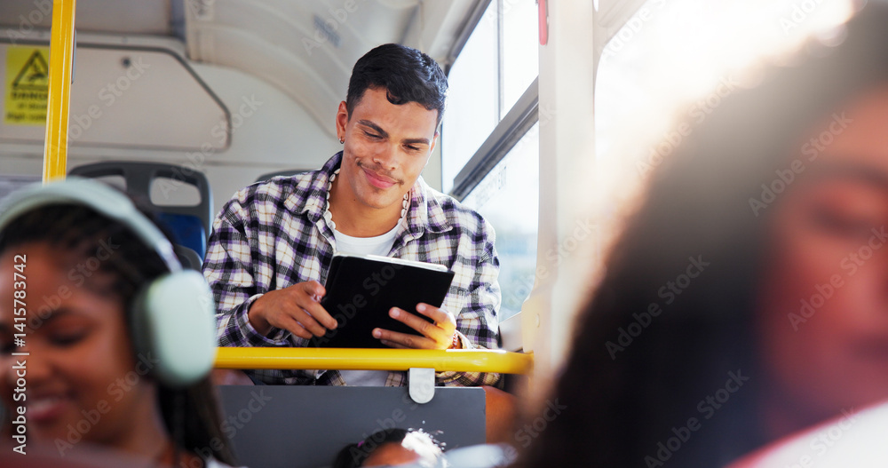 Poster tablet, travel and man on bus reading online textbook for studying for university exam, test or assi