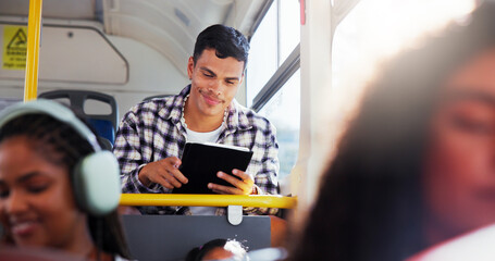 Tablet, travel and man on bus reading online textbook for studying for university exam, test or...