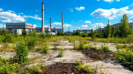 Abandoned Industrial Site With Overgrown Weeds And Smokestacks