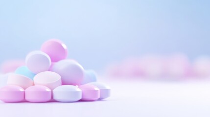 Colorful pills in soft pastel hues.  Close-up of various medicine tablets