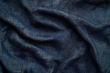 Obraz premium Close-up of textured dark blue denim fabric with wrinkles and folds showing the weave detail.