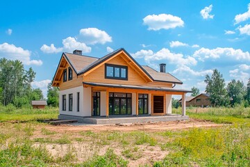 A contemporary wooden house sits on a spacious plot with lush greenery all around. The clear blue sky highlights the new construction, blending quality and nature seamlessly