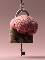 An anatomical organ sits on a metallic locking device attached to a chain, with a skeleton key positioned in the keyhole.