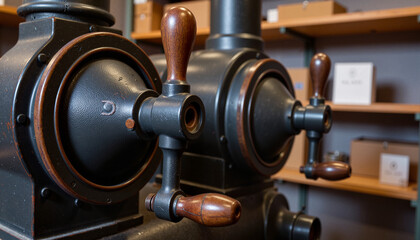 Close-up of old-school lever handles in industrial setting, vintage machinery