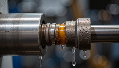Hydraulic piston with oil droplets in bright technical lighting, machinery concept