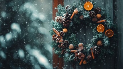 Fototapeta premium Close up of a beautiful pine wreath decorated with pine cones, cinnamon sticks, nuts and dried citrus pieces hanging on a wooden door in snowy weather during the Christmas holidays.