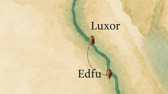 Animated map showing the route from Edfu to Luxor along the Nile River, with amphora symbols marking the journey