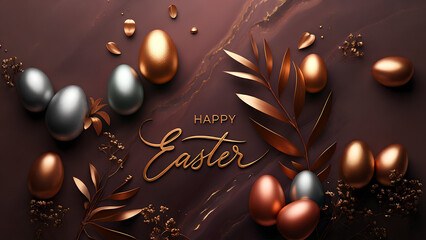 Happy Easter words, Easter Eggs, Easter bunnies & rabbit. Space for text & copy. lifestyle, modern, illustration & Easter theme background, Social media posts Facebook, Instagram, TikTok & X